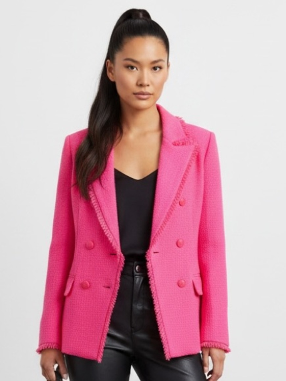 NWT Hot Pink Fringe Tweed Double-Breasted Blazer Steve Madden Naomi M
